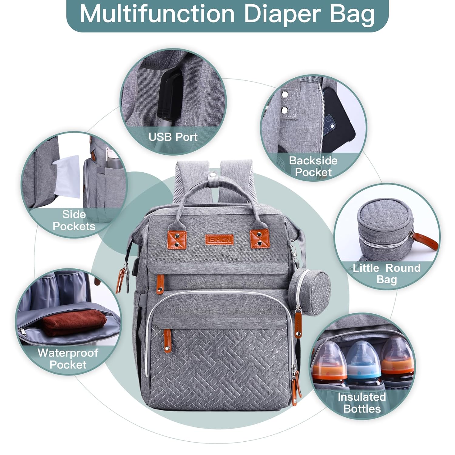 Diaper Bag Backpack, Multifunction Travel Pack Maternity Baby Changing Bags, Large Capacity, Waterproof, Gray