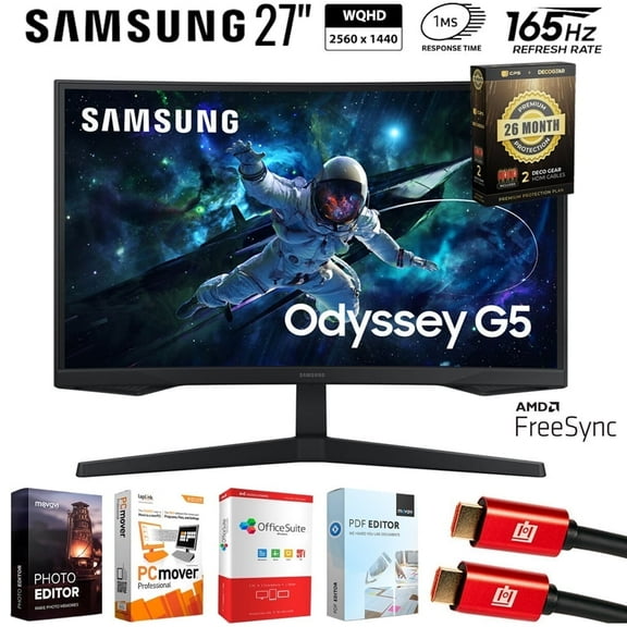 Samsung 27-Inch Odyssey G55C Series QHD 1000R Curved Gaming Monitor Bundle with Tech Smart USA Elite Suite 18, 2x 4K HDMI Cable & Deco Gear CPS Exclusive 26 Month Protection Pack (BEACH-CPS-26M500)