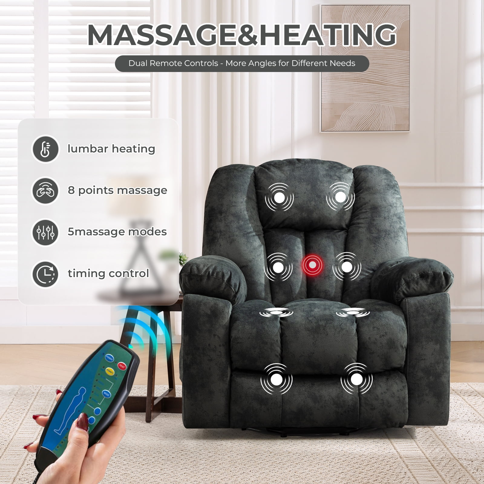 Ebello Large Power Lift Recliner Chair with Heat Massage, USB Ports - Ergonomic Recliner Chair for Elderly, Greenish Gray