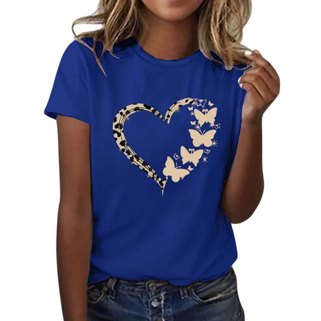Flash Deal! T-Shirt à Manches Courtes Col Rond Imprimé Papillon Mode Décontractée pour Femmes en Solde Bleu S