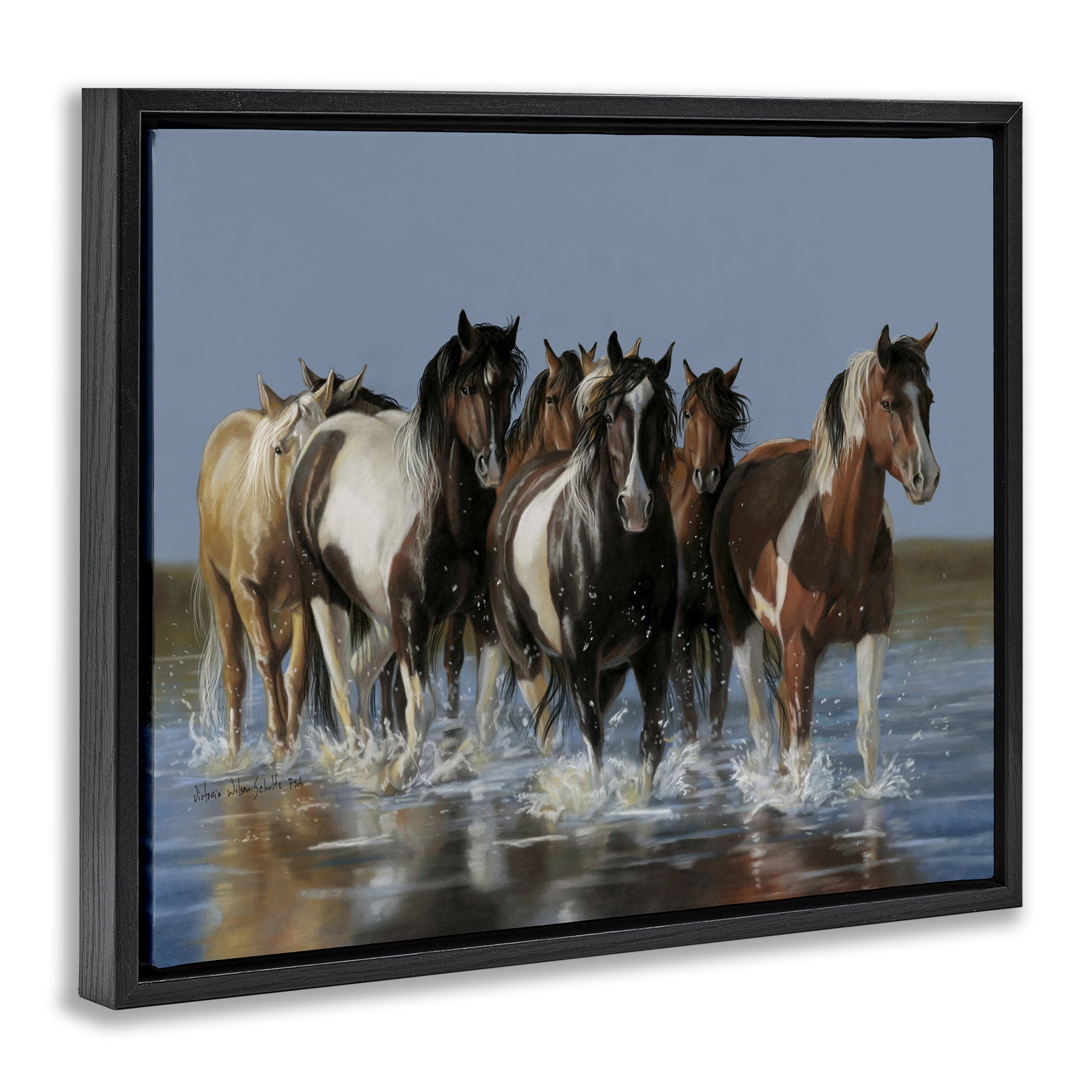 Stupell Industries Horses Running Through River Animals & Insects Painting Black Floater Framed Canvas Art Print Wall Art, 21 x 17