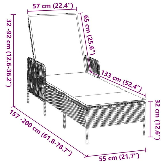 vidaXL Sun Lounger Set of 3 Gray and navy blue PE rattan, metal Foldable