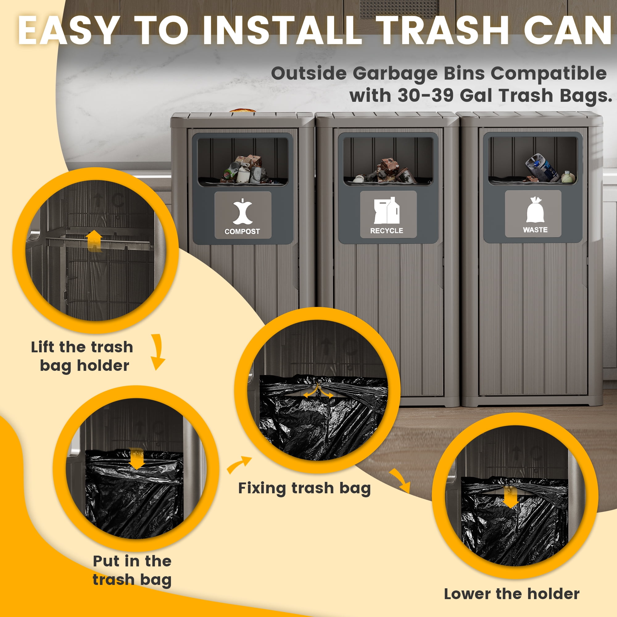 Bifanuo 42 Gallon Triple Bin Trash Can - 3-Pack Waste, Recycling & Compost Bins, Heavy-Duty Waterproof Outdoor Garbage Can for Patio, Kitchen & Commercial Use