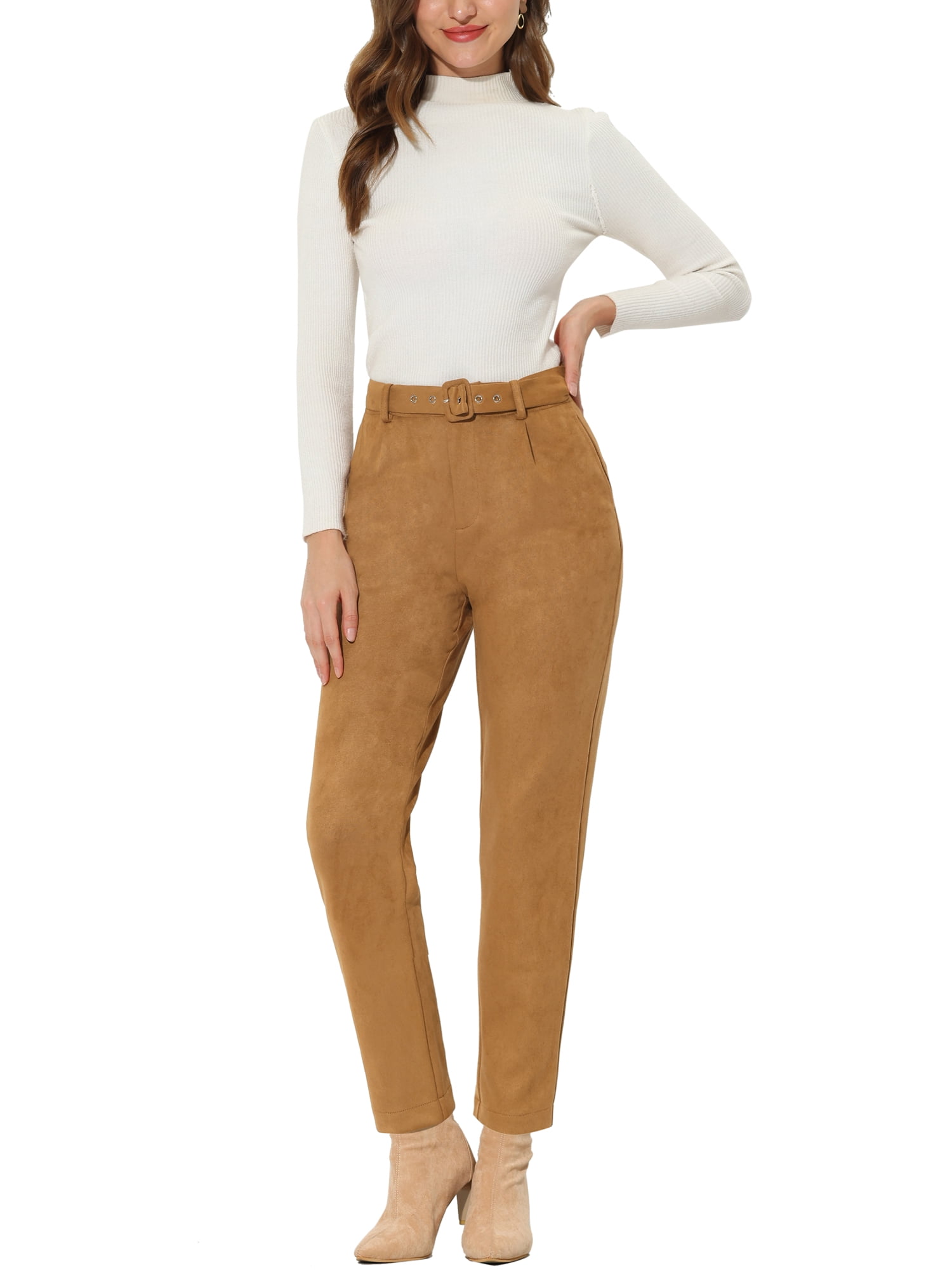 Unique Bargains Women's Faux Suede High Waist Belted Straight Legs Pants S Brown