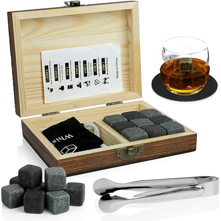 

WOVTE Whisky Stones Gift Set 9 Granite Chilling Whisky Rocks with 2 Coasters& Ice Tongs & Storage Pouch Packaged in Wooden Premium Box Great Whisky Stone Ice Cubes Gift Set for Men…