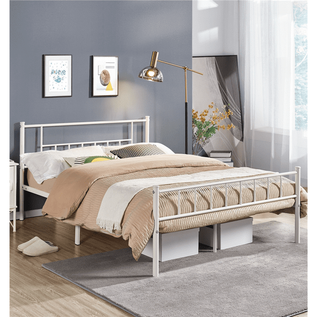 Yaheetech Lit Plateforme en Métal de Base avec Tête de Lit et Pied de Lit, Grand Lit, Blanc