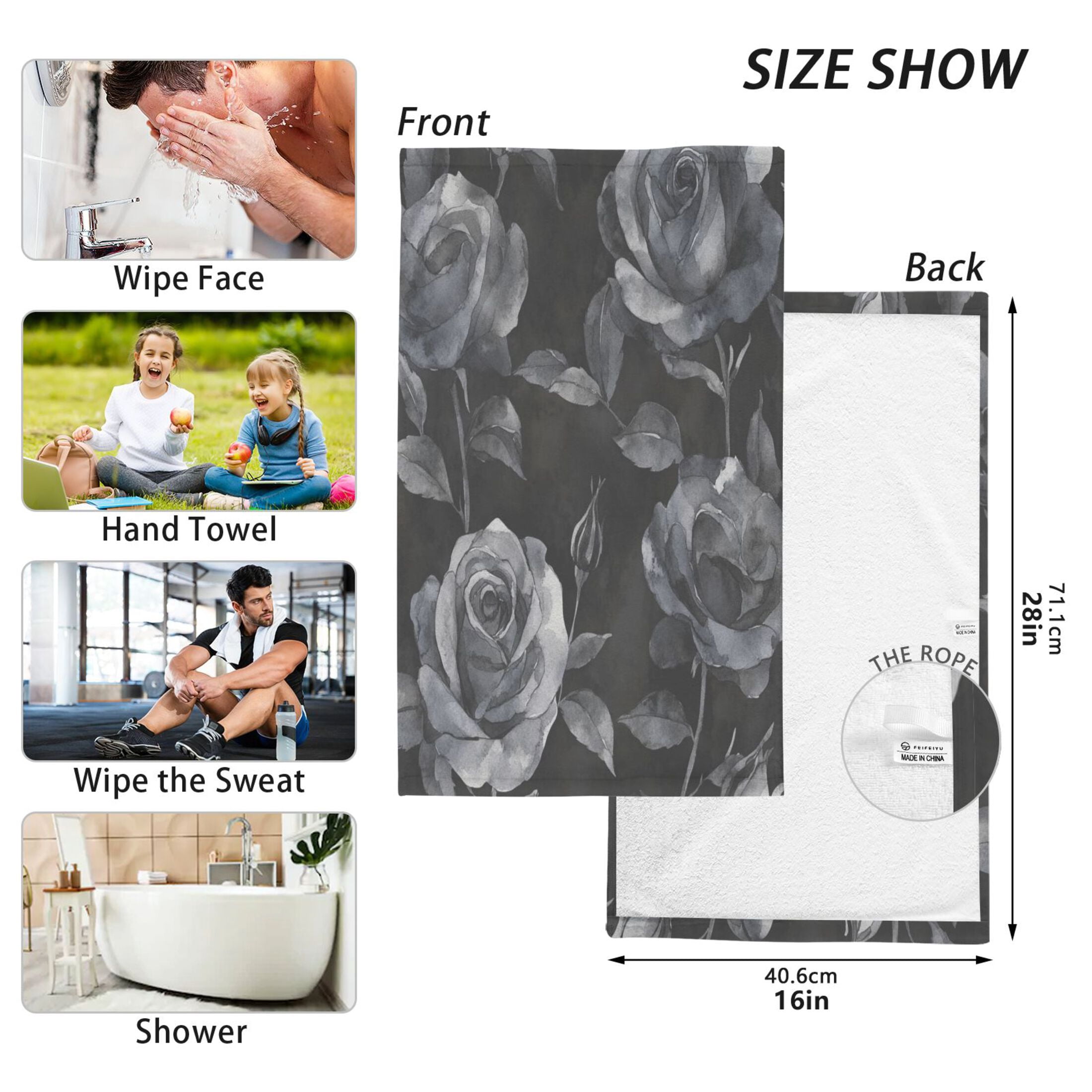 Cotton Towel Two-Piece 16x28 Inch One Sizex2 Face Towel Set Towel Set Cotton Hand Bath Towel Bathroom Beach Black Roses Seamless