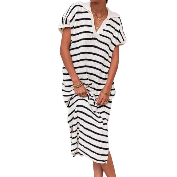 Short Sleeved Women V-neck Casual Loose Knit Dress Lapel Striped Print Straight Knee Sweater Dress