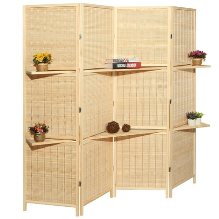 Room Divider In Store 4-Panel Deluxe Woven Beige Bambo Folding Room Divider Screen w/ Removable Storage Shelves ()