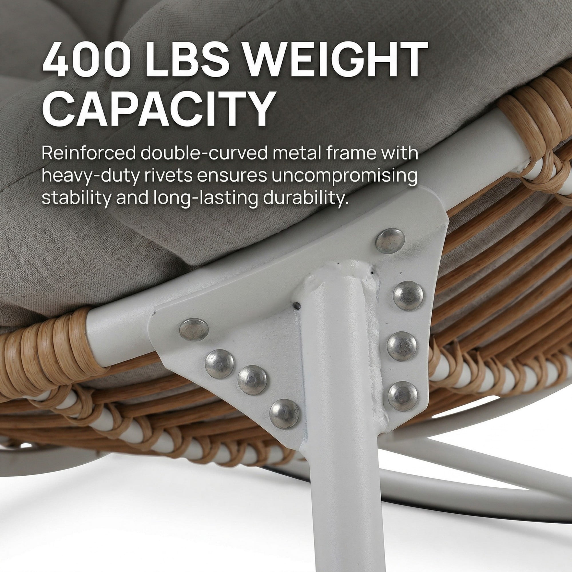 Outdoor Papasan Rocking Chair Oversized, Rattan Egg Rocker Chair with Padded Cushion, 400lbs Patio Wicker Rocking Chair for Living Room Porch Backyard, Light Gray