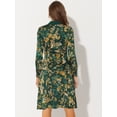 thumbnail image 4 of Vestido hasta la rodilla de manga larga con cinturón y cuello en contraste floral para mujer Verde L, 4 of 5