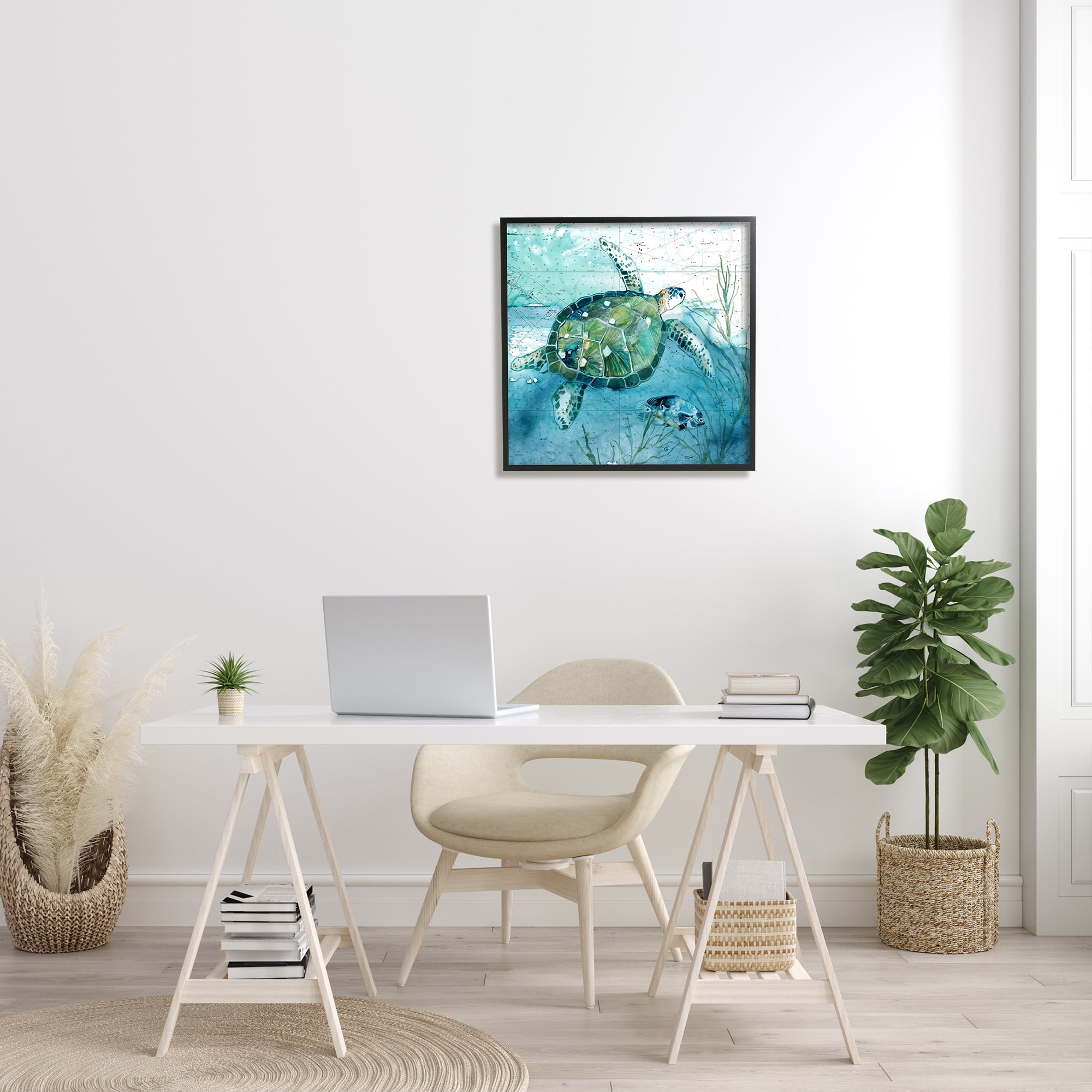 Stupell Industries Sea Tortoise and Fish over Blue Nautical Ocean Map Animals & Insects Painting Black Framed Art Print Wall Art, 24 x 24