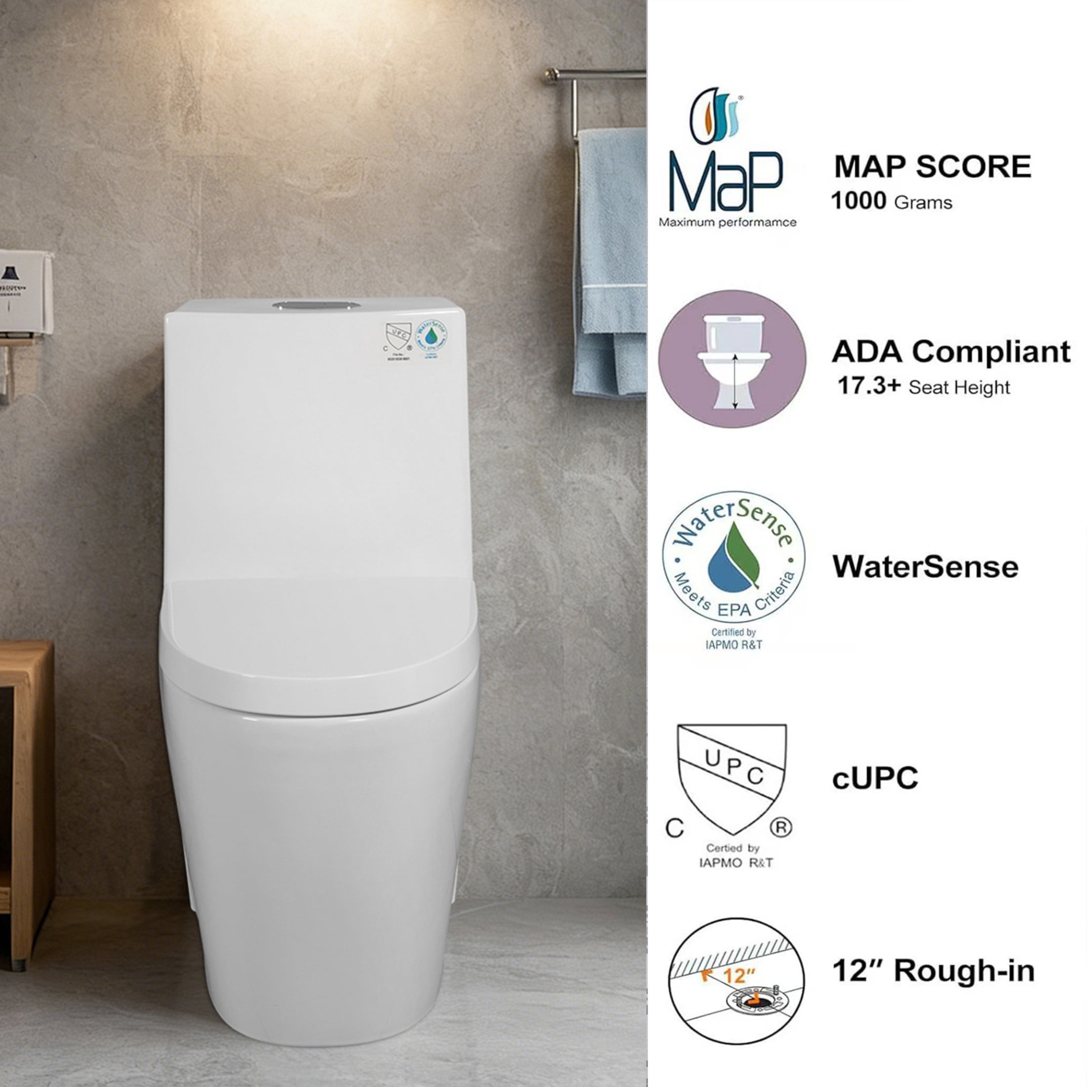 Noble House One-Piece Toilet, Elongated Comfort Bathroom Toilet with Soft-Closing Seat, Dual-Flush Siphon Jet, White