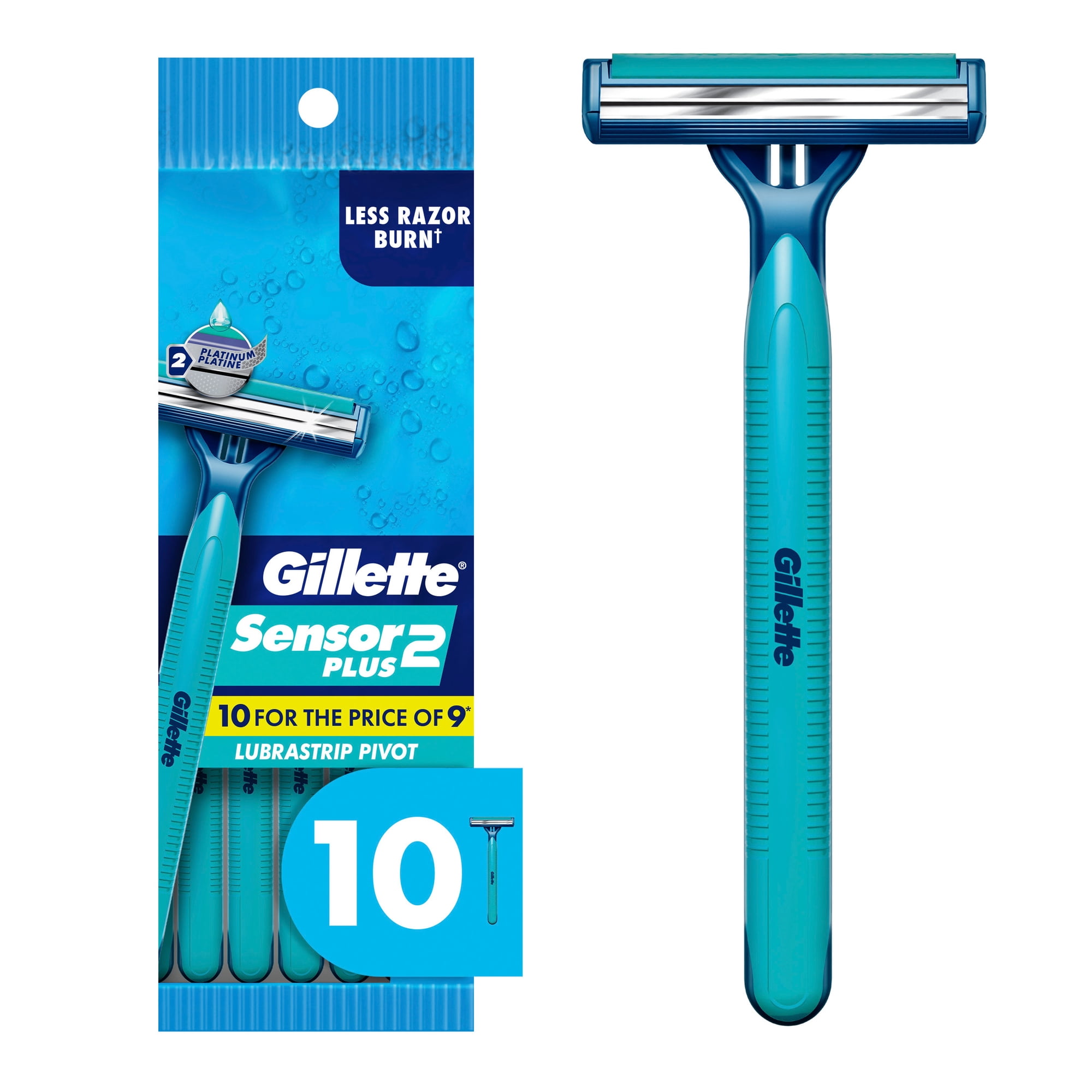 Gillette Sensor2 Plus, Pivoting Head Men's Disposable Shaving Razors with Lubrastrip, 10 Count