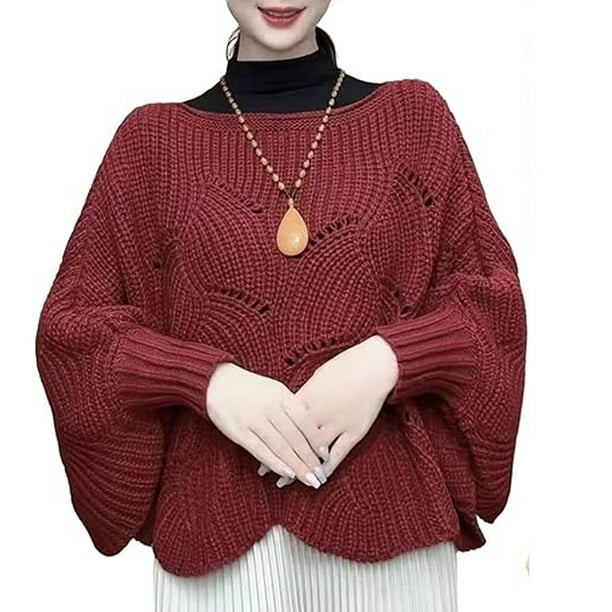 Mantón de punto con manga de murciélago, jersey de chal de punto cálido de invierno para mujer, mantón de suéter de punto con dobladillo irregular con mangas de murciélago