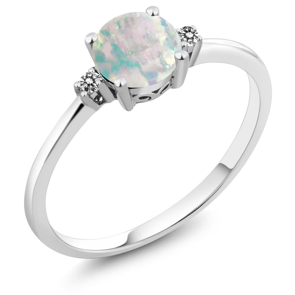 10K White Gold Diamond Accent Ring Round White Simulated Opal (0.33 cttw) by