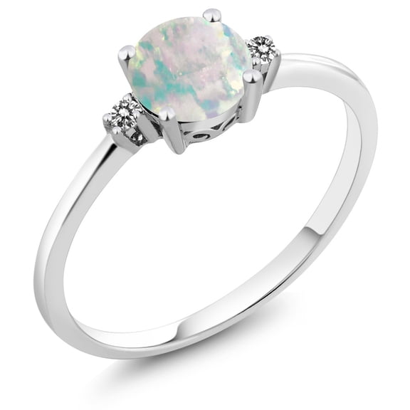 Gem Stone King 10K White Gold Simulated White Opal and White Diamond Solitaire Engagement Ring for Women (0.33 Cttw, Round Cabochon 6MM, Gemstone October Birthstone, Size 5)