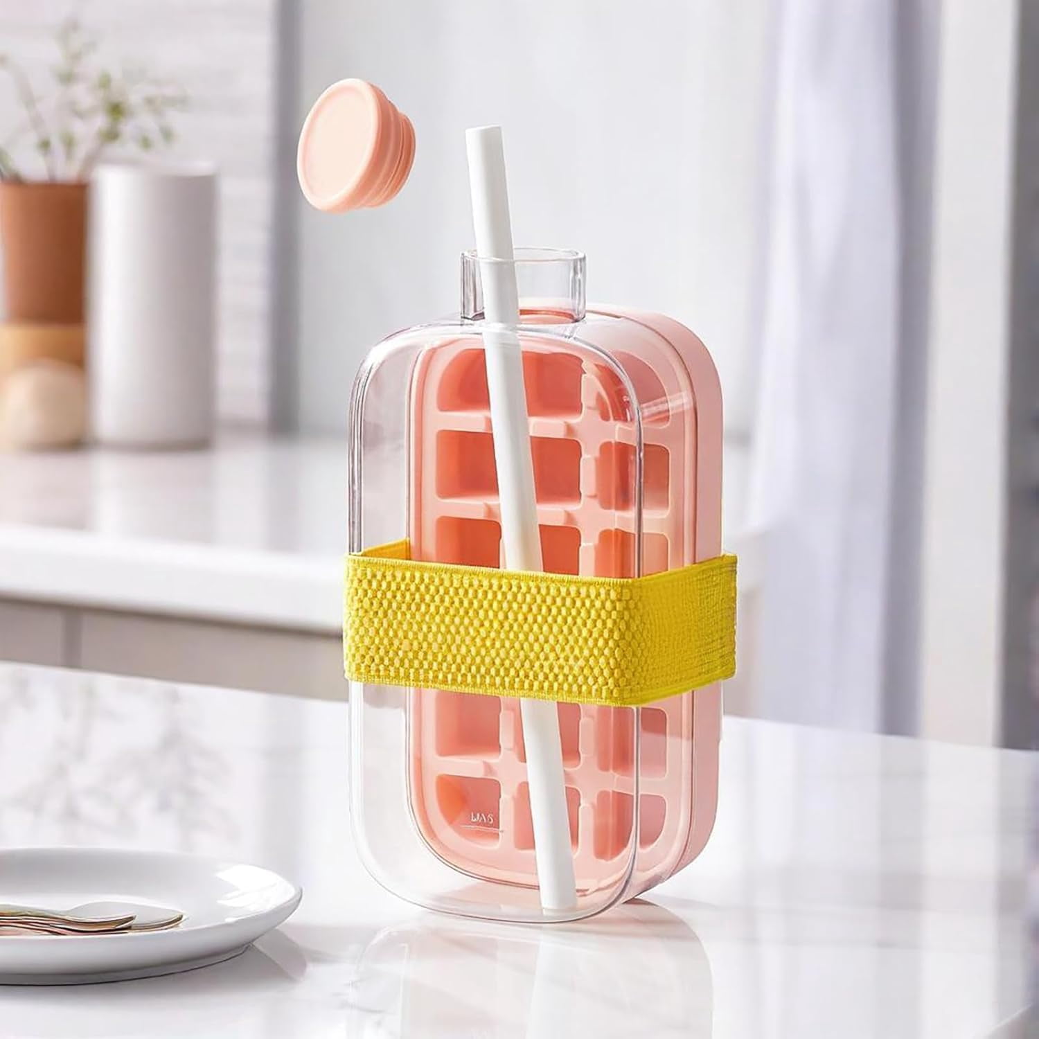 2 In 1 Ice Cube Bottle with Straw, 800ml Reusable Press Ice Cube Cup, Portable Leakproof Water Bottle, Freezer Ice Maker Container for Home Travel Gym Summer Cold Drinks(Pink)(k)