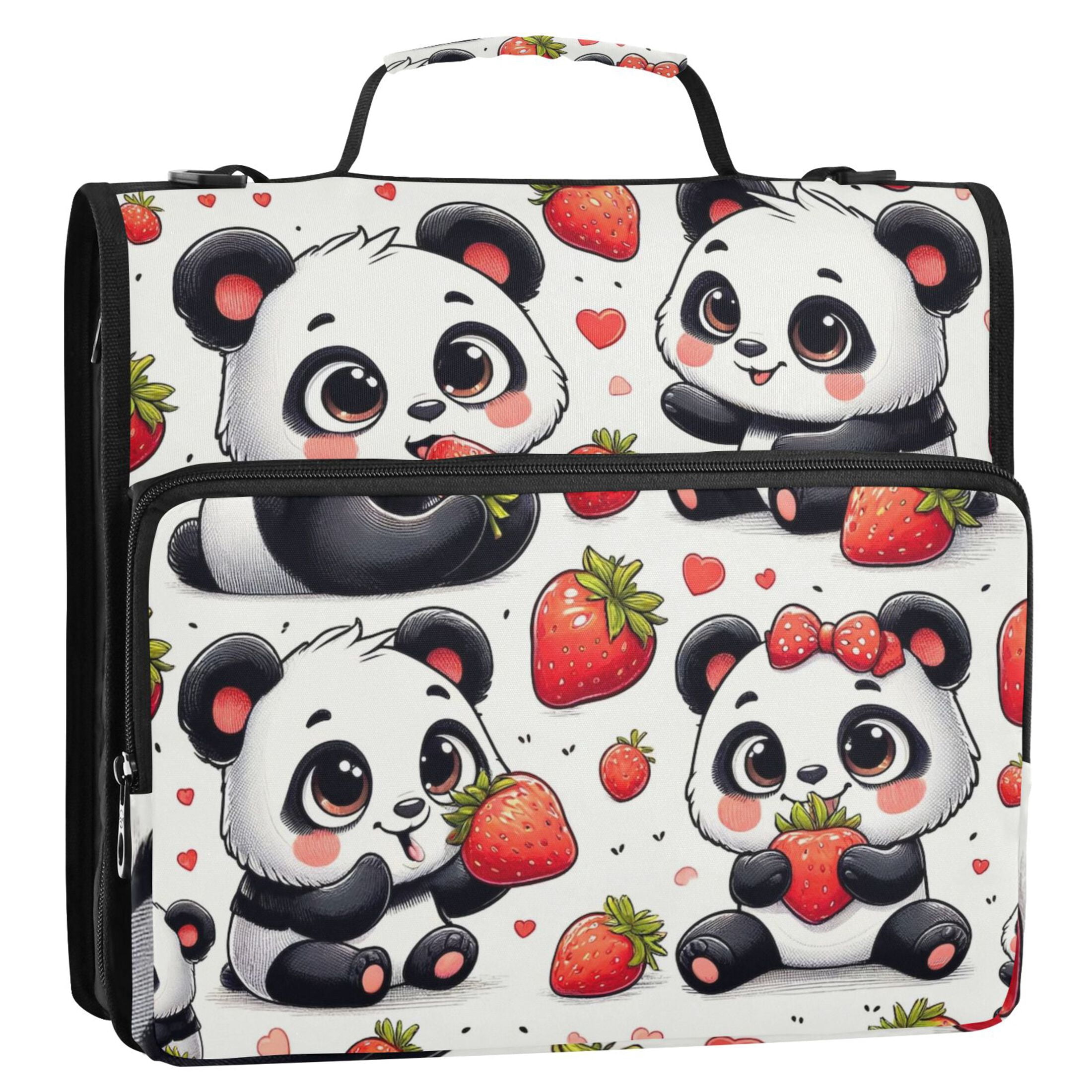 3 Ring Zipper Binder with Shoulder Strap Waterproof Trapper Keeper 2 Inch D-Ring 500 Sheets Capacity Cute Panda with Strawberry