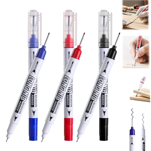 3 Colors Long Nib Marker Pens – 0.5mm Deep Hole Markers for Woodworking, Construction, DIY Projects & Hard-to-Reach Marking