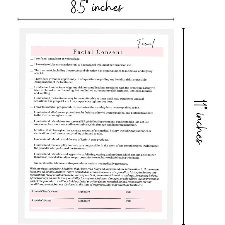 Facial Consent Form, Intake Form, Aftercare Form 75 Pack 8.5x11