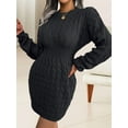 thumbnail image 2 of Casual Cable Knit Sweater Dress with Tie-Waist for Female, Autumn Winter Bodycon Tight Long Sleeve Tunic Black L, 2 of 8