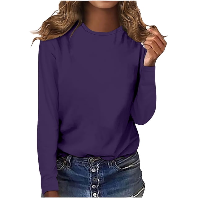 Duoif Hauts pour Femmes Col Rond Manches Longues Couleur Unie T-Shirt Décontracté T-Shirts pour Femmes Violet TG