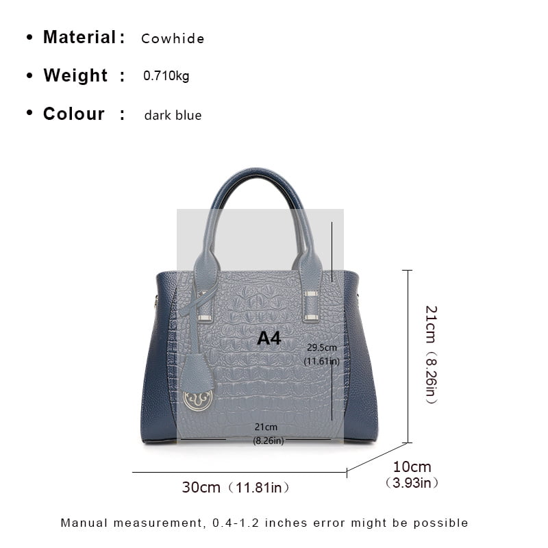 Genuine leather crocodile-patterned handbag detachable shoulder strap cross-body shoulder bag large capacity women's purse (blue)