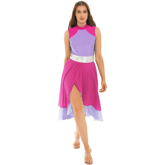 Yhong Women Prasie Dance Tunics Sleeveless Asymmetrical Hem Leotard Dresses Lyrical Ballroom Hot Pink&Light Purple S