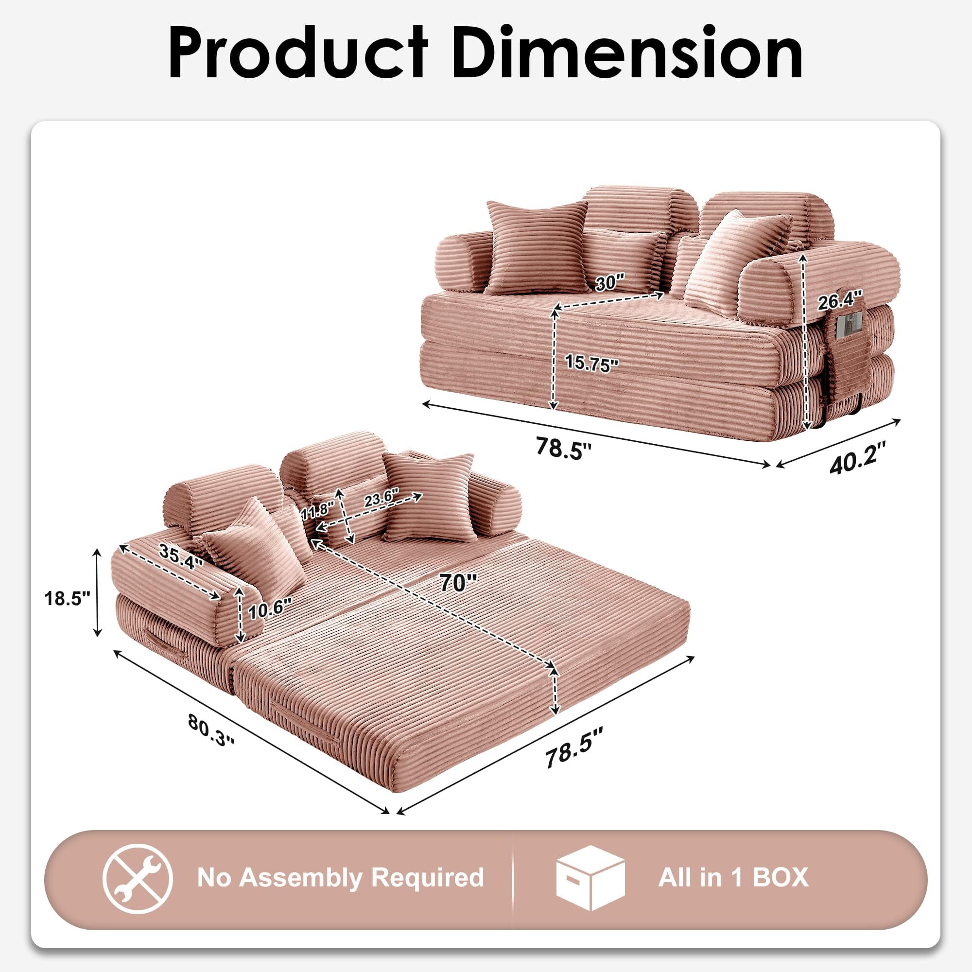 Howcool Convertible Sleeper Sofa Bed, 78.5" Corduroy Foldable Loveseat Sofa, Boneless Memory Foam Couch Bed for Living Room, Queen to King Size Sofa, No Assembly Required, Compression Sofa,Pink