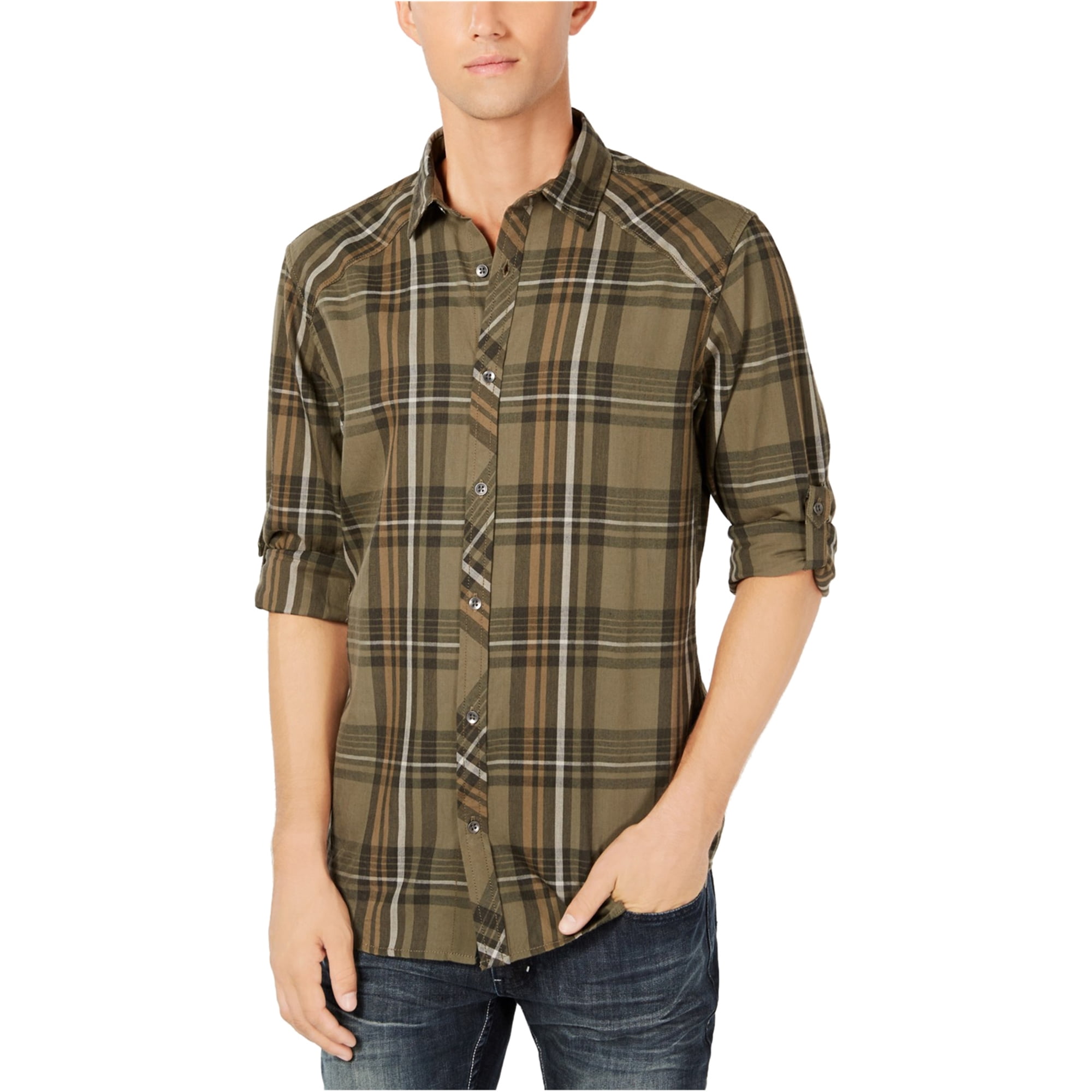 I-N-C Mens Plaid Button Up Shirt, Green, Large - Walmart.com