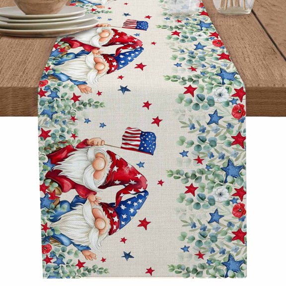 nqOlkjepod Independence Day Table Runner 70 Inches Long Farmhouse Dress Scarves, Cute Gnomes Eucalyptus Retro Beige Dining Tablerunner for Coffee Table/Kitchen Island/Party Décor, 13" x 70"