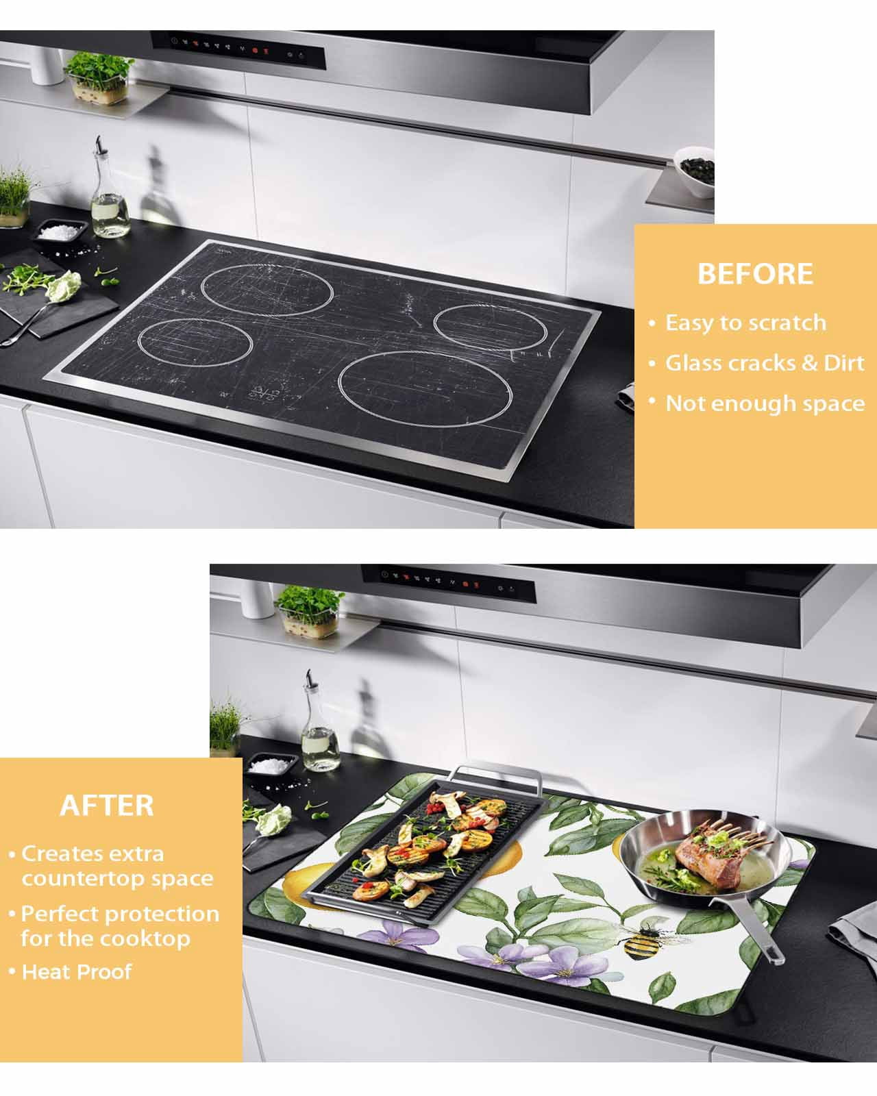 nqOlkjepod Large Induction Cooktop Protector Mat 24"x21", Lemon Stove Top Covers for Electric Stove, Summer Bee Farmhouse Green Leaf Purple Flower Stove Burner Cover Mats, Glass Top Stove Cover