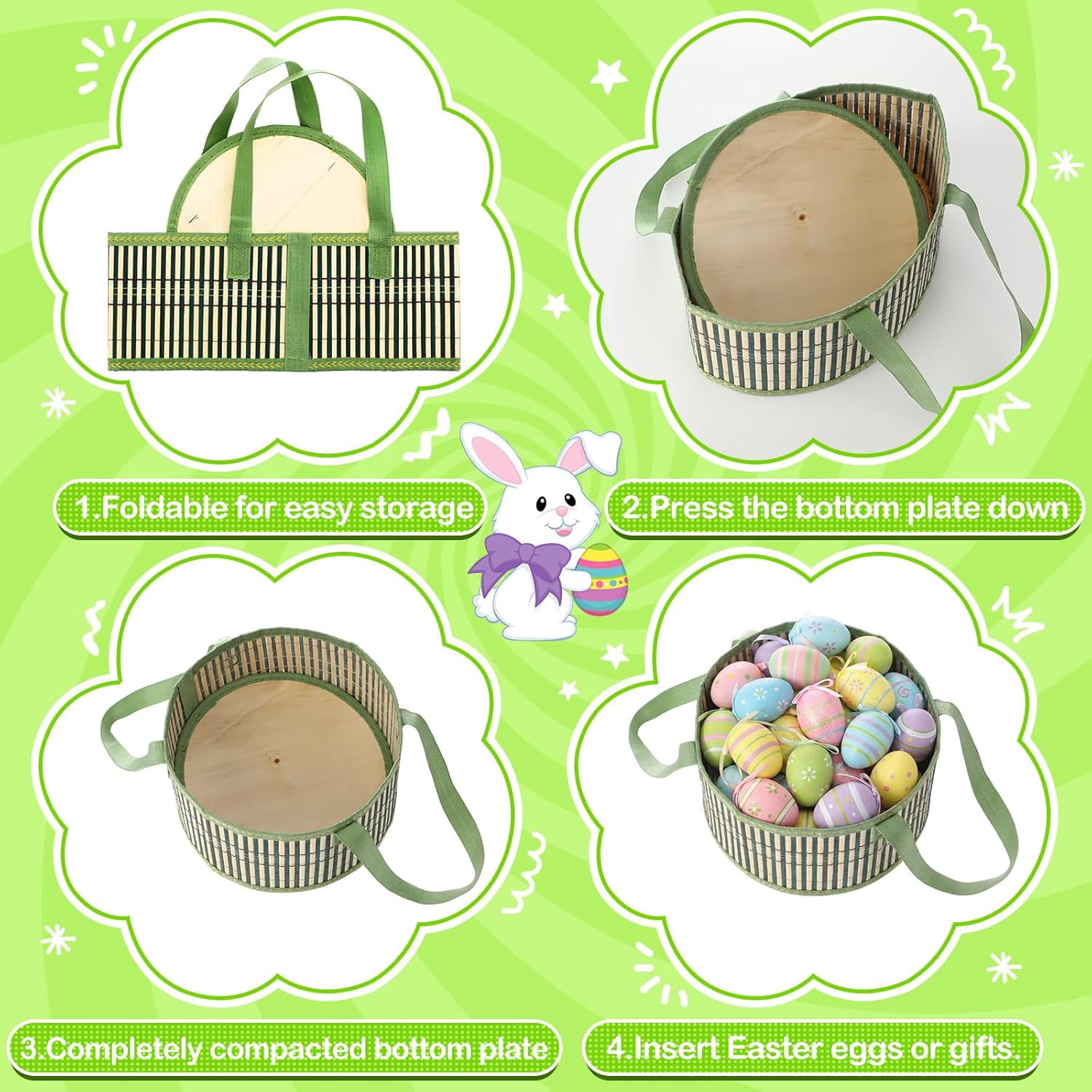 6 Pcs Foldable Easter Woven Bamboo Baskets Empty 10 x 6 Inch Large Basket Bulk Set with Handle for Easter Egg Spring Picnic Hunt Party Favor(Yellow,Green)