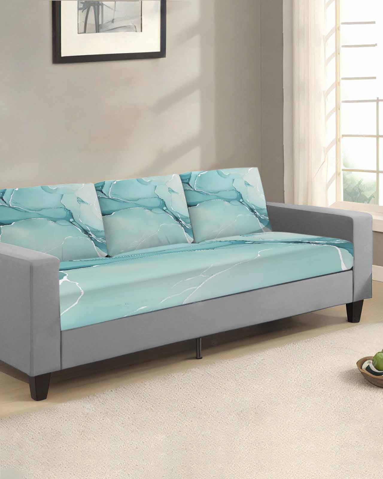 Turquoise Couch Cushion Covers,Stretch Seat Cushion Covers for Sectional Sofa,Modern Marble Ink Painting Abstract Art Individual Sofa&nbsp;Slipcovers Furniture Protector with Elastic&Straps 1Pcs,S