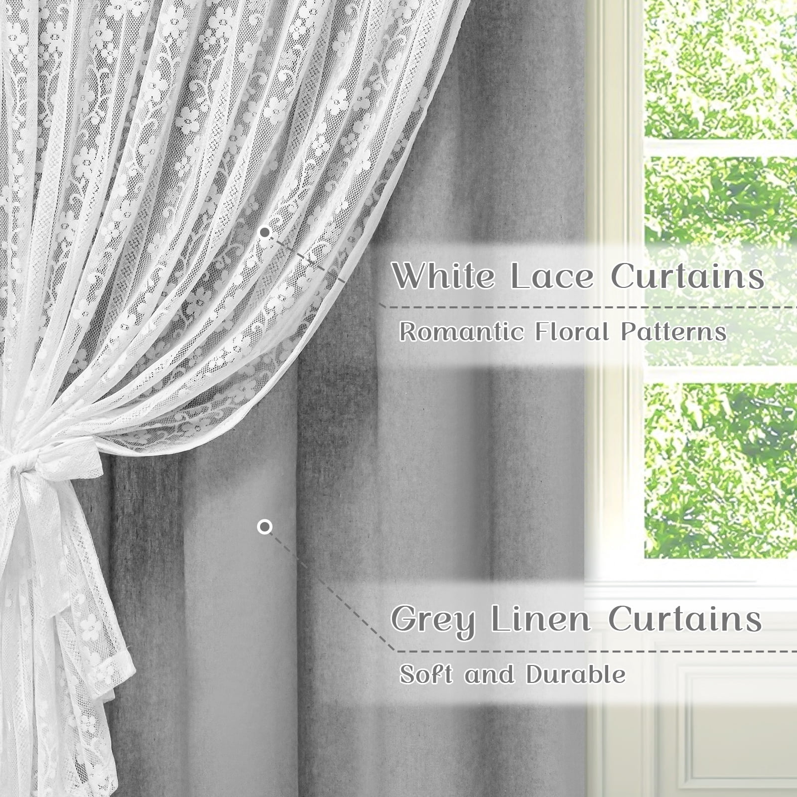 Alishomtll Grey Linen Curtains with Lace Sheer 84 Inches Long, Double Layer Light Filtering Window Drapes for Bedroom Living Room,W52 X L84,2 Panels