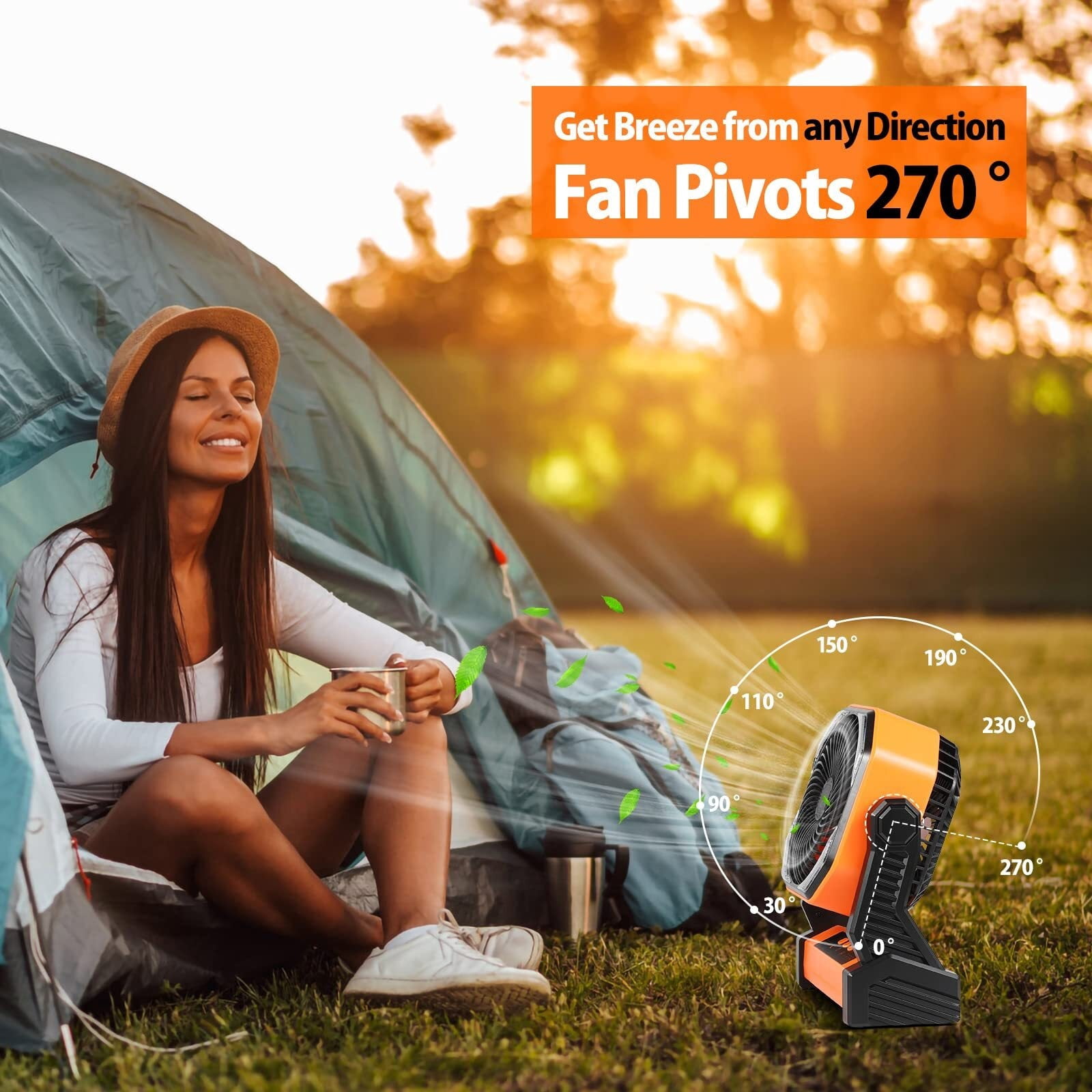 20000mAh Battery Powered Fan, Portable Rechargeable Desktop/Camping Fan with Light and Hook, 270° Rotation 4 Speed ​​Battery Powered Outdoor Fan for Tent, Car Travel, Sleeping, Hurricane,