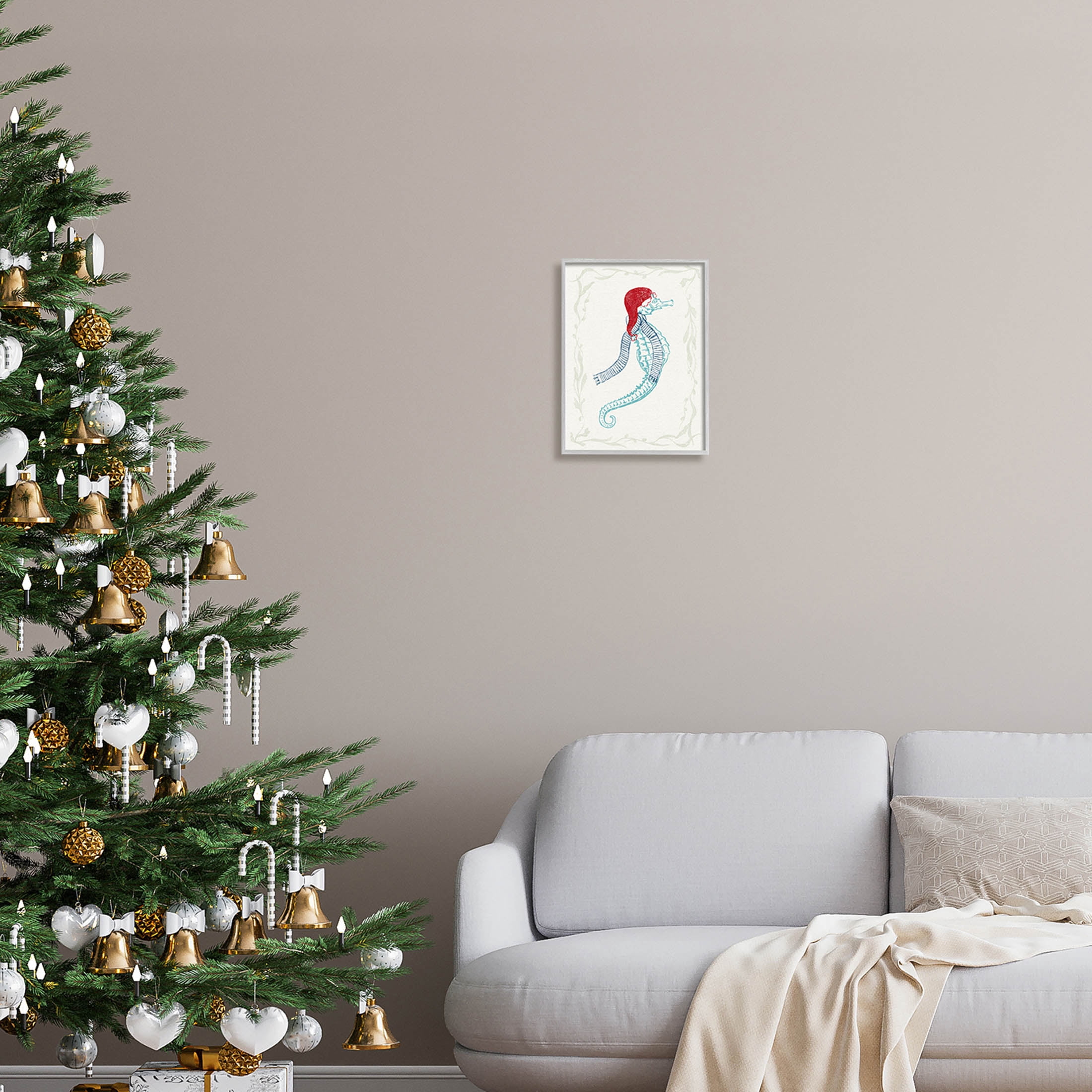 Coastal Christmas Seahorse Santa Holiday Graphic Art Gray Framed Art Print Wall Art