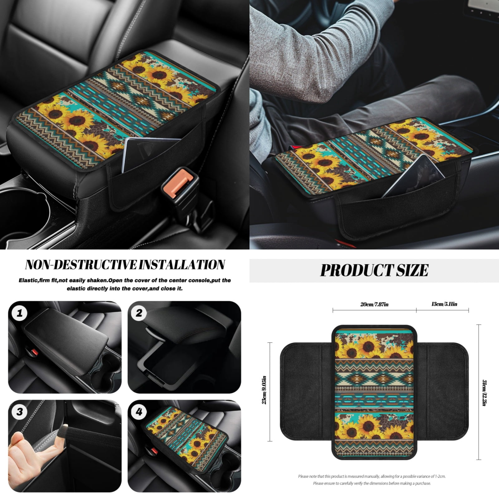 Yuyamidu Sunflower Car Seat Cover Full Set of 14 Green Aztec Steering Wheel Cover Seat Belt Covers Car Center Control Cover Gabage Bag Rearview Mirror Cover Handbrake Cover Set Coasters