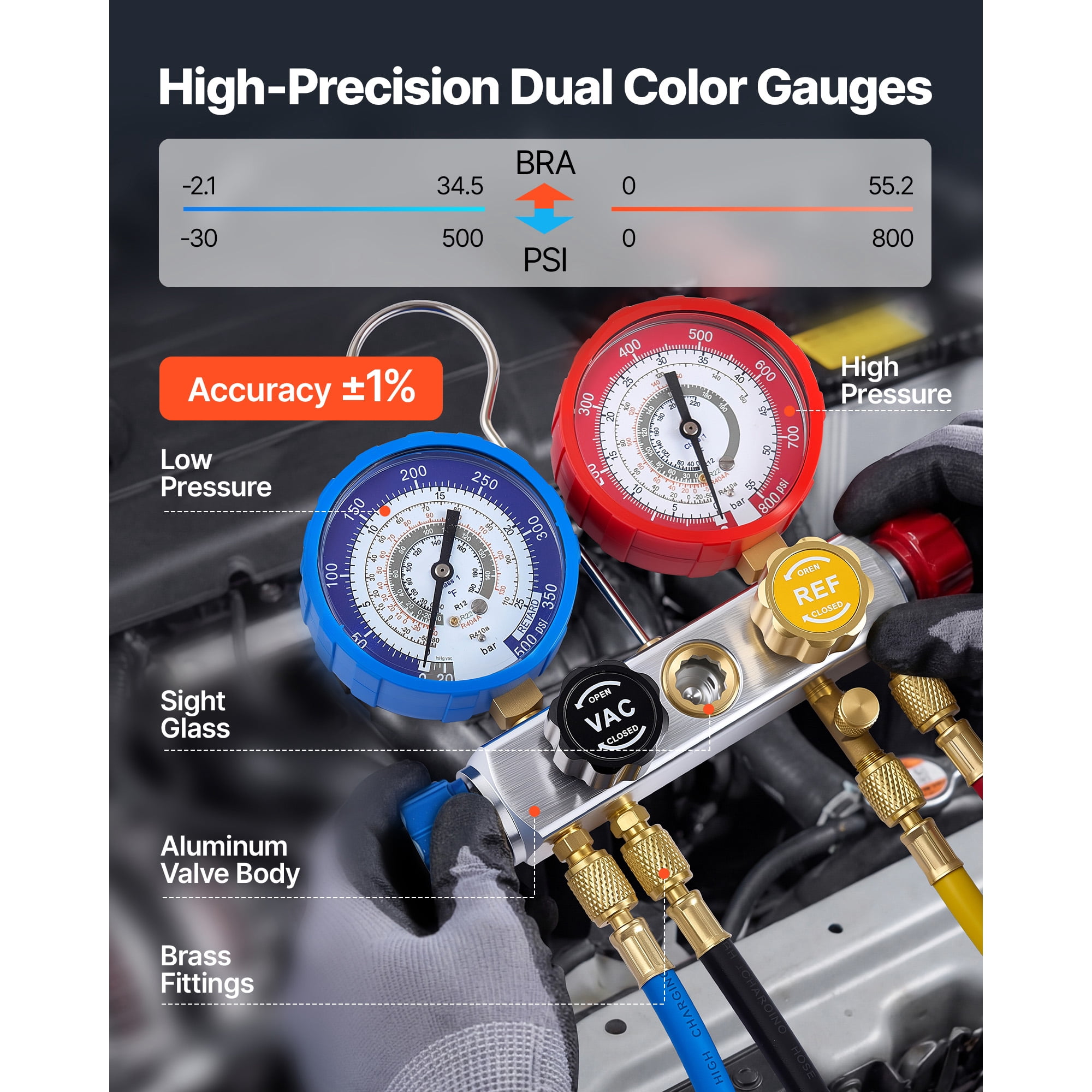 KFFKFF 4-Way AC Manifold Gauge Set for R22 R404A R410A R12 Refrigerants, Includes 5 ft Hoses for Automotive and Home Air Conditioning Maintenance, Vacuuming, Charging, and Recovery