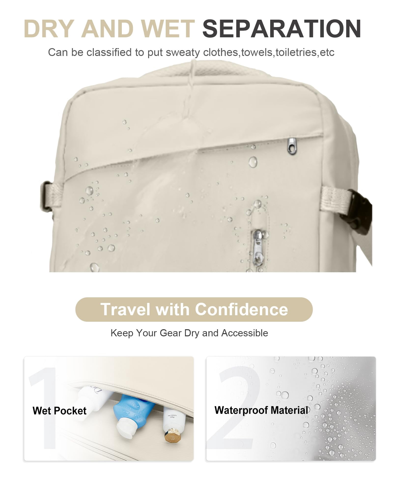 DAKIMOE Large Travel Backpack for Adults Carry on Laptop Backpack Flight Approved Waterproof College Bag with USB Charging Port & Shoe Pouch Casual Daypack for Women Men for Weekender Business, Beige