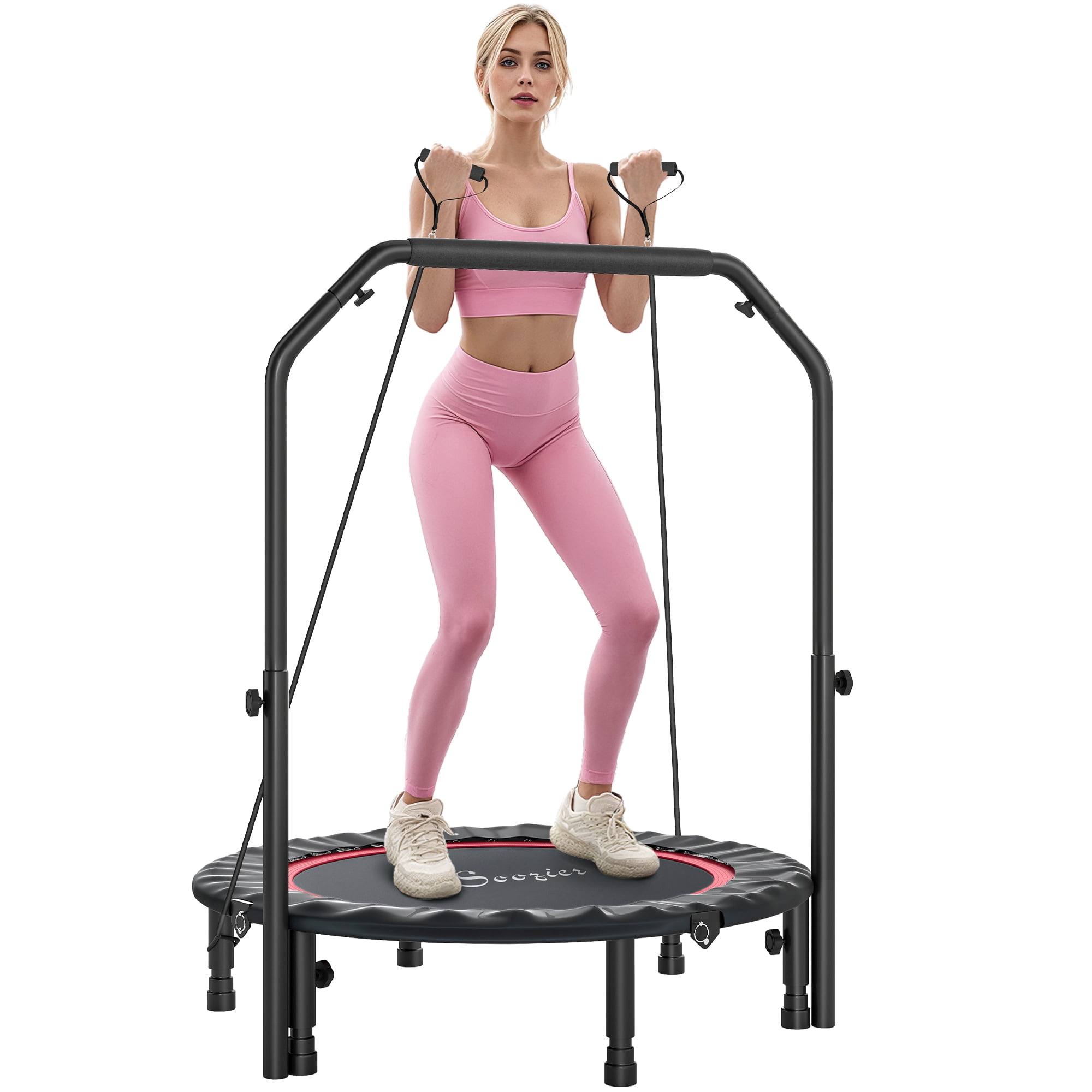 Soozier 40" Foldable Mini Trampoline, Rebounder Trampoline for Adults with Adjustable Foam Handle for Indoor Outdoor Workout, Max Load 330 lbs, Red