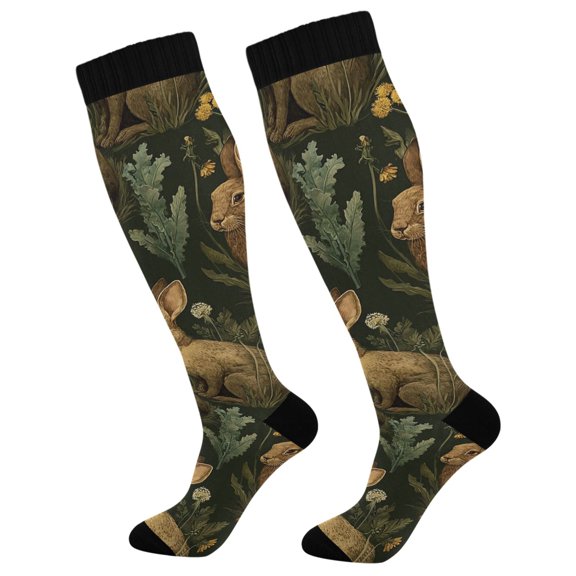 FORMRS Womens Knee High Socks Casual Long Thick Travel Daily Wear, 1 Pair, Brown Floral Rabbits Pattern