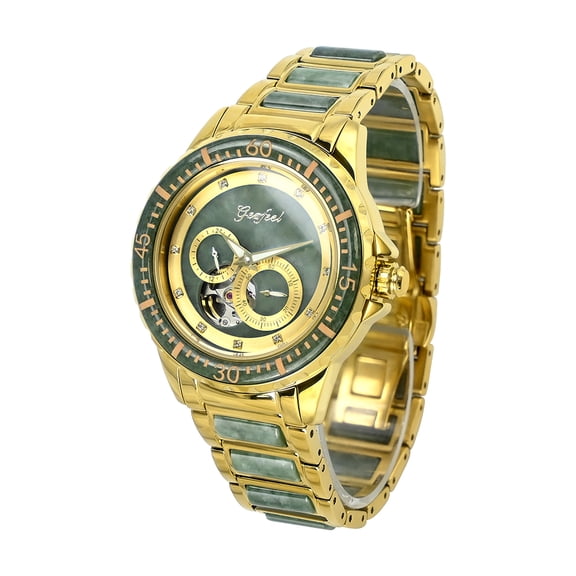 Luxury Gold Skeleton Mechanical Watch, Hollow Out Natural Jade Automatic Wristwatch for Men