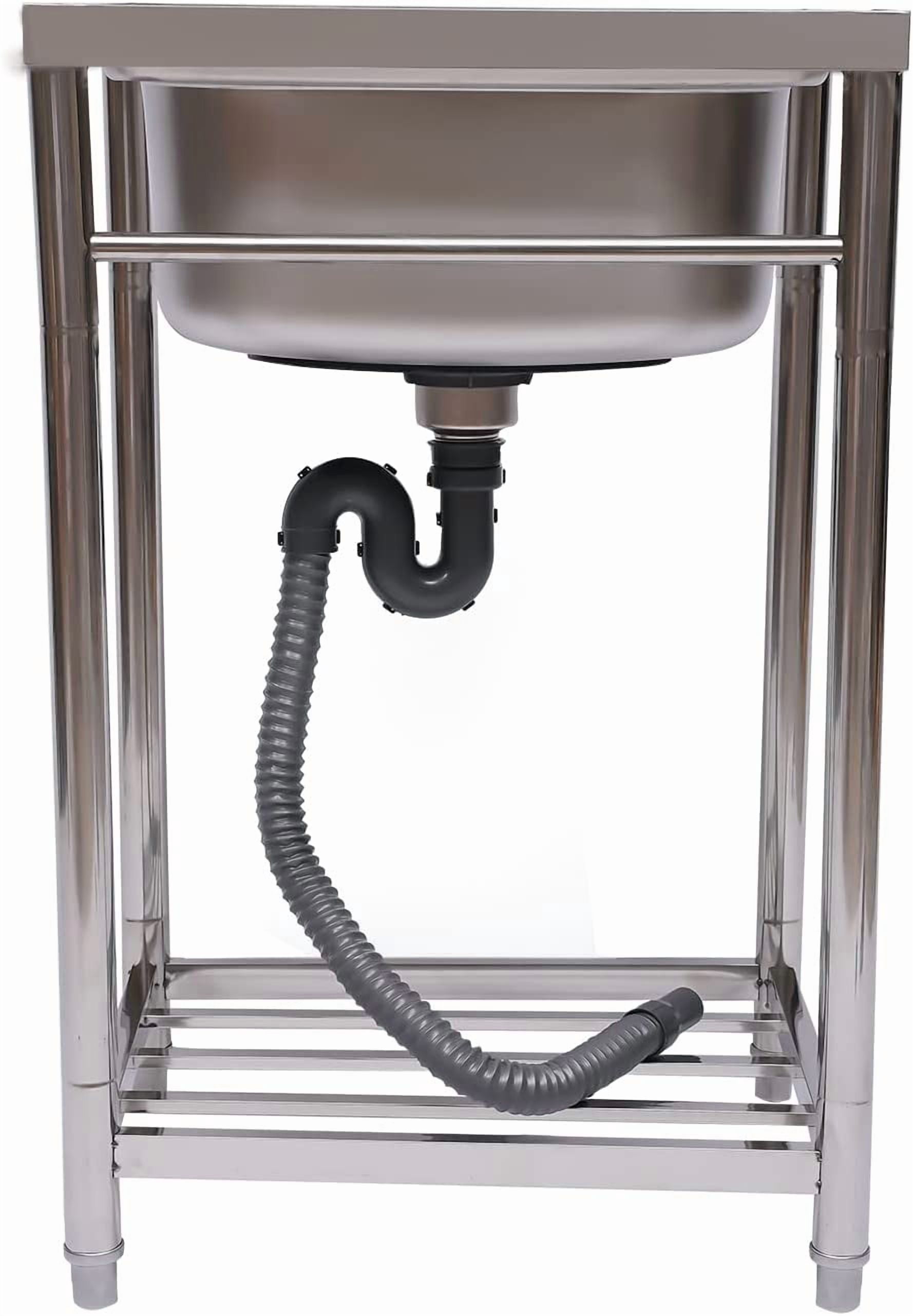 Free Standing Stainless Steel Utility Sink, Single Bowl Commercial Restaurant Kitchen Sink Set with Water Hose and Storage Shelve, 17 x 13 x 8 Inch Inner Sink