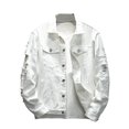 thumbnail image 2 of Joernso Jean Jacket Ripped Hole Solid Color Turndown Collar Streetwear Autumn Winter Loose Single Breasted Denim Jacket for Trip, 2 of 8