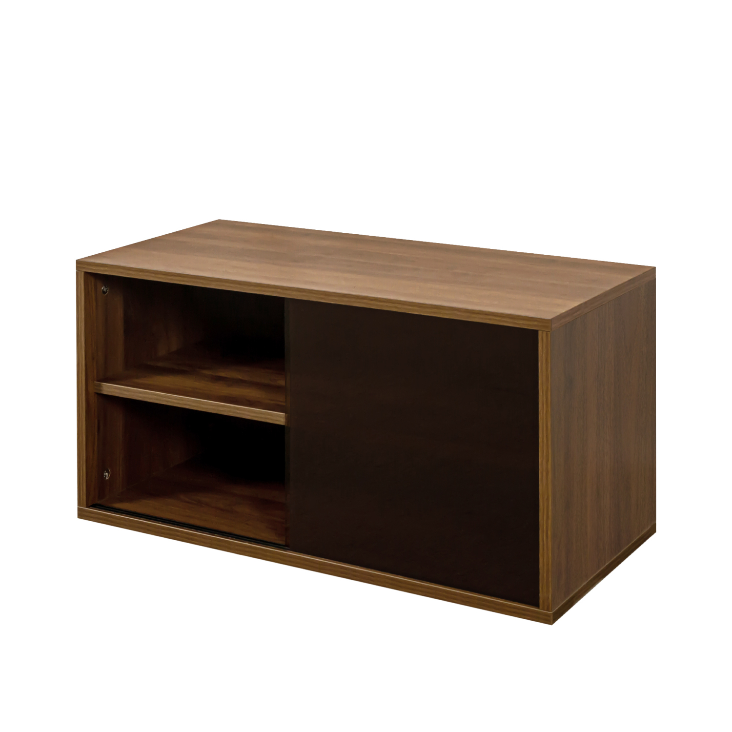 Lisonu Stackable Storage Cabinet with Sliding Glass Doors, Modular Media Console and Display Shelf, Modern Low-Profile Organizer, Walnut