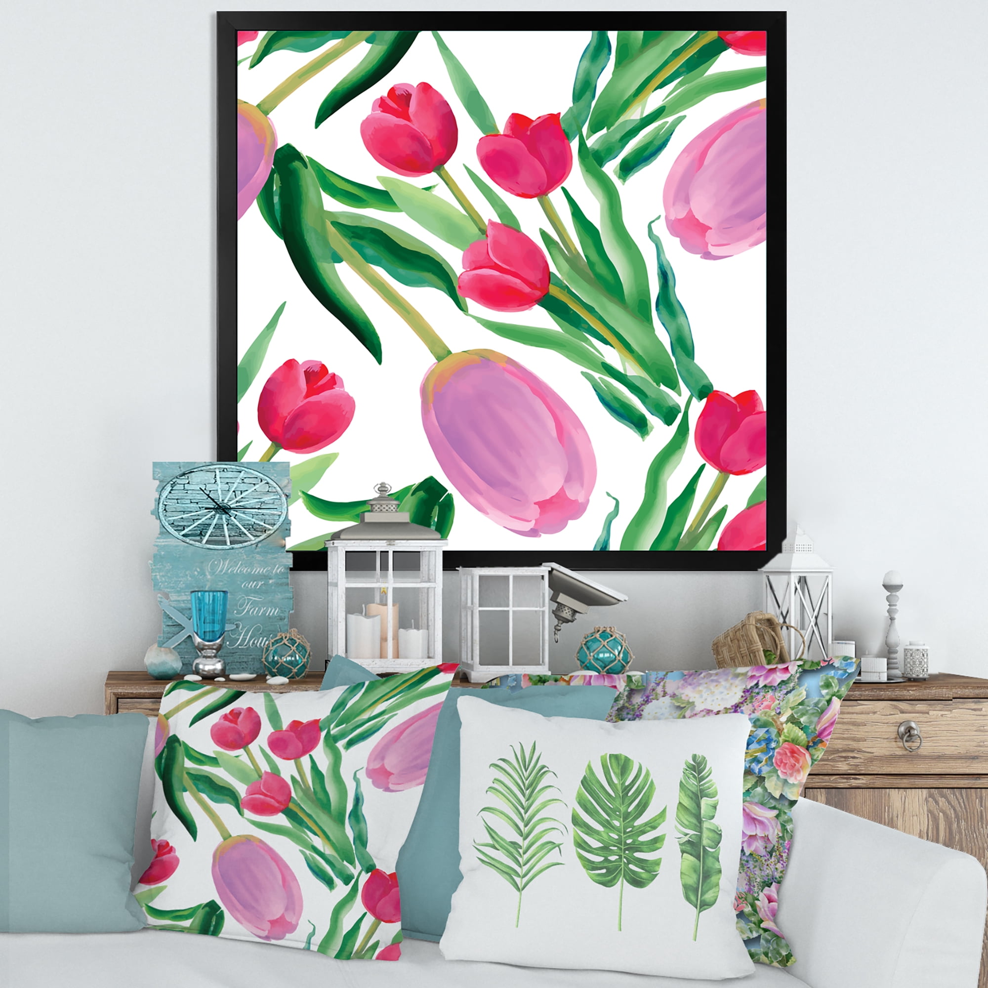 Designart 'Blooming Beautiful Pink Tulips Flowers On White' Traditional Framed Art Print