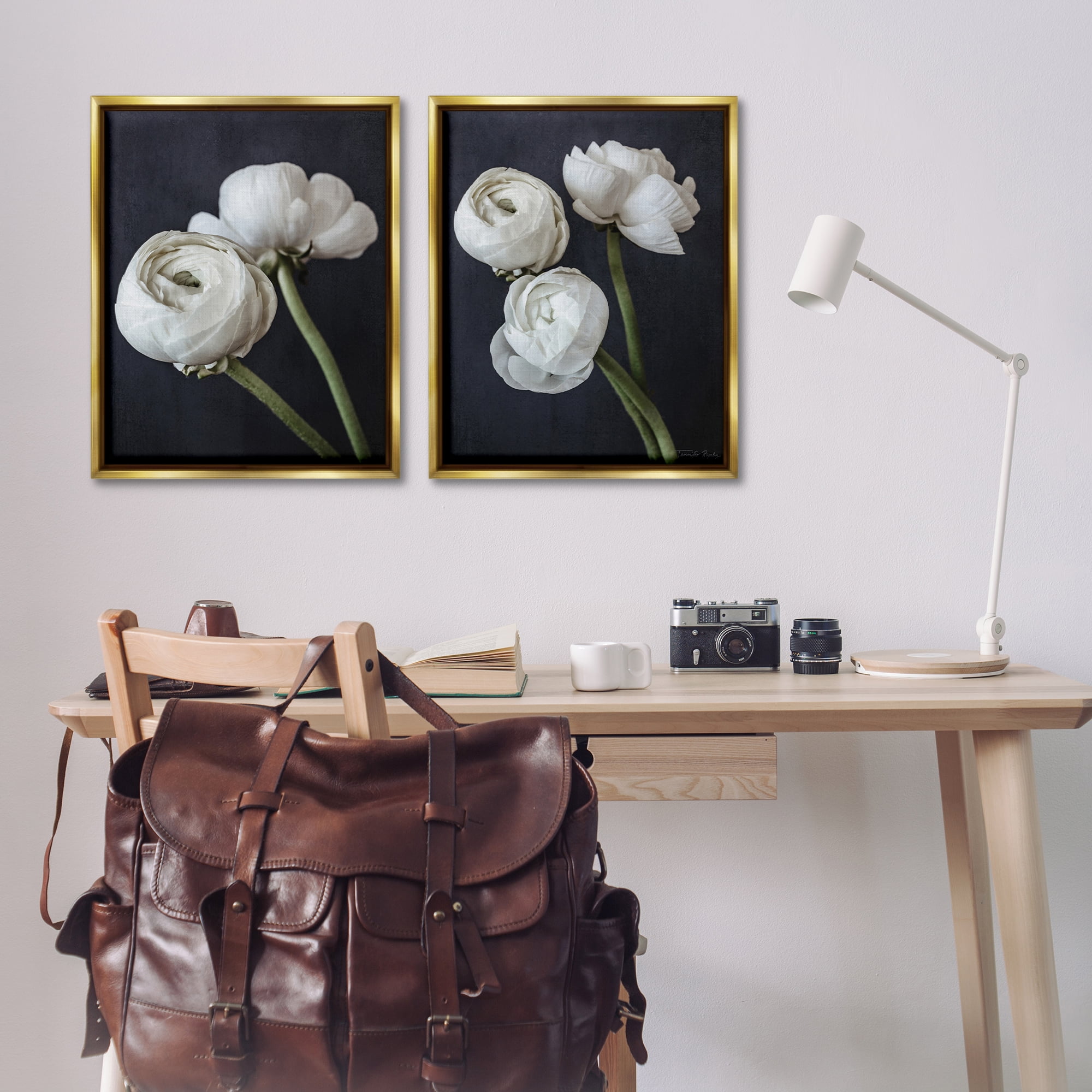 Stupell Industries Simple Black & White Peony Plants & Flowers Photography Gold Floater Framed Canvas Art Print Wall Art, 31 x 25, Set of 2