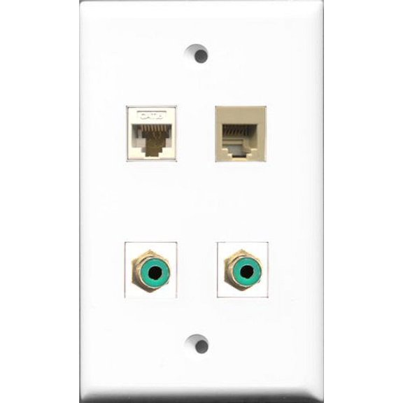 RiteAV - 2 Port RCA Green and 1 Port Phone RJ11 RJ12 Beige and 1 Port Cat6 Ethernet White Wall Plate